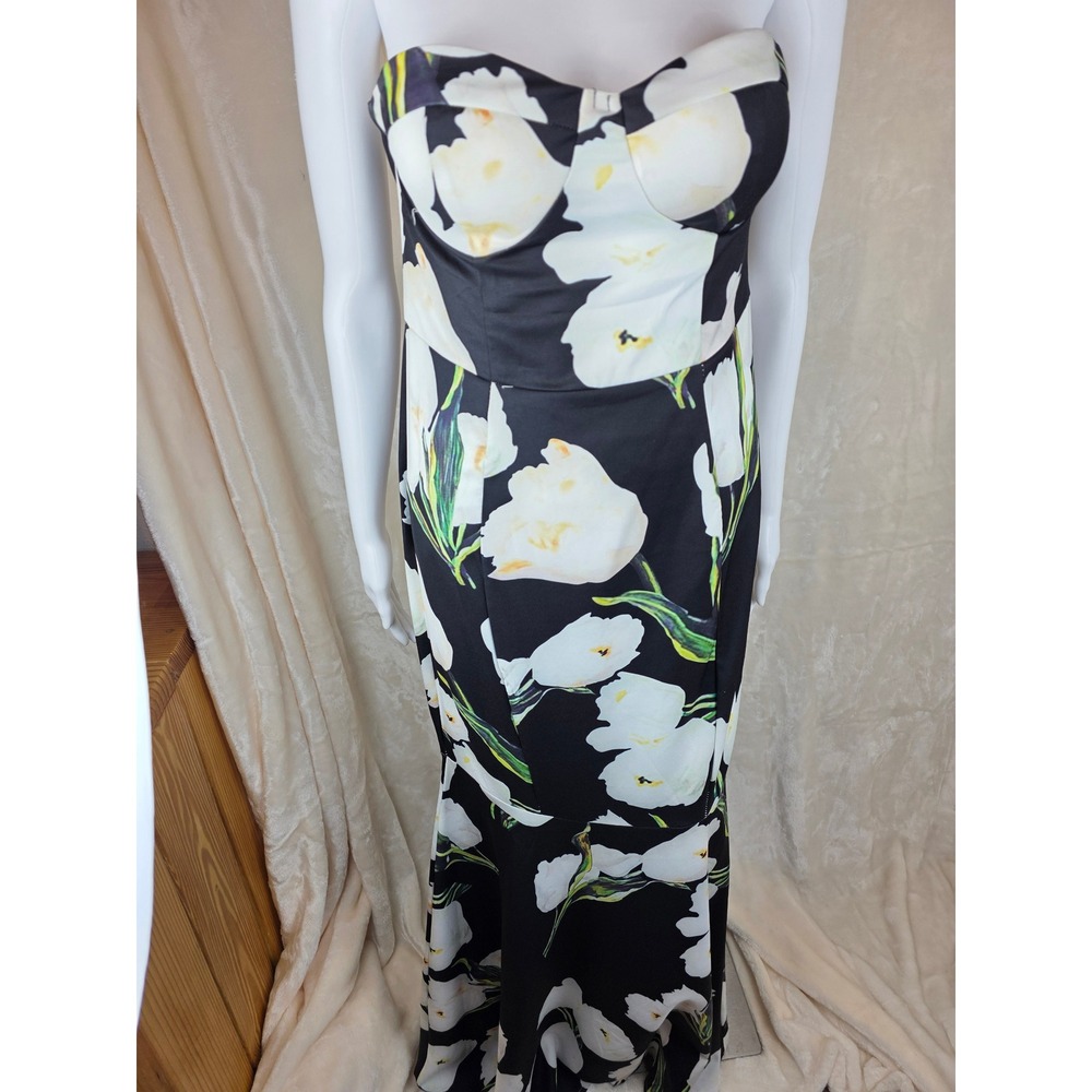 Strapless Black Floral Evening Dress